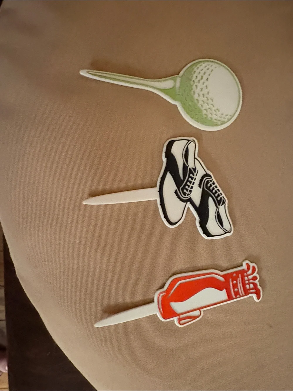 Golf Tee Cupcake Picks - Green, Black, Red Party Picks. Set of 3.